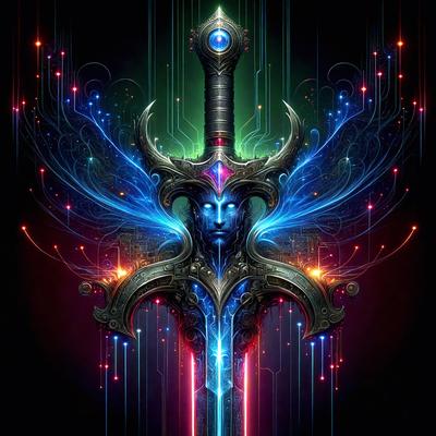 The primary subject of the image is a sword, which is the main object, scene, or focus of the image. The sword is depicted in a digital art style, with a blue and green color scheme. The setting or background of the image features a colorful and intricate pattern, which adds to the overall atmosphere of the scene.